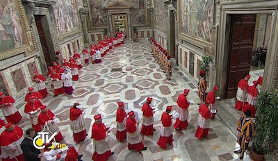 Cardinals enter the Sistine Chapel to begin the conclave in order to elect a successor to Pope Benedict at the Vatican